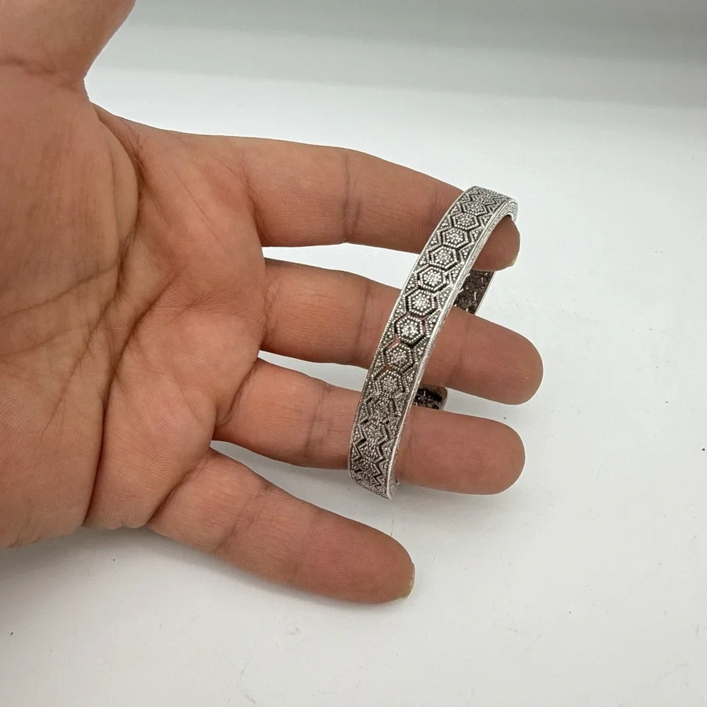 Vtg 925 Sterling Silver Diamond Cuff Bracelet Open Work Honey Comb Designer JSP